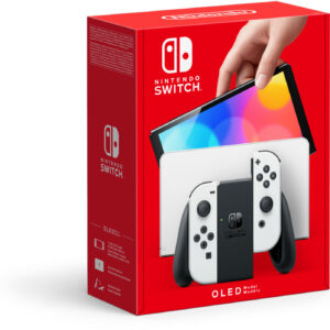 nintendo switch (modèle oled) avec station d’accueil et manettes joy con blanches